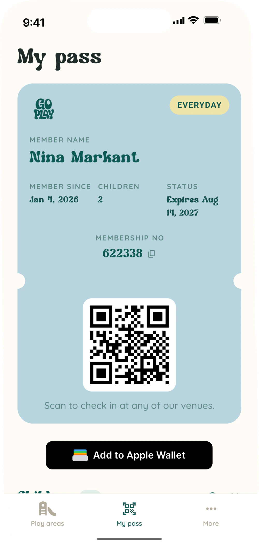 The GoPlay app's My pass screen, with a membership card, QR code and an Add to Apple Wallet button